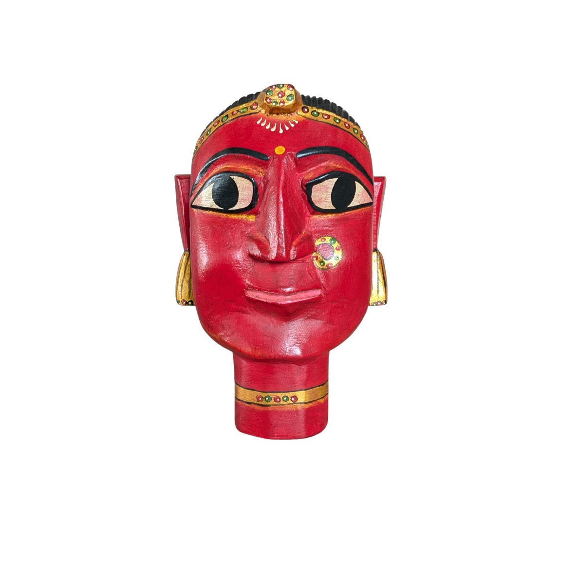 Red mask with gold accents on a white background