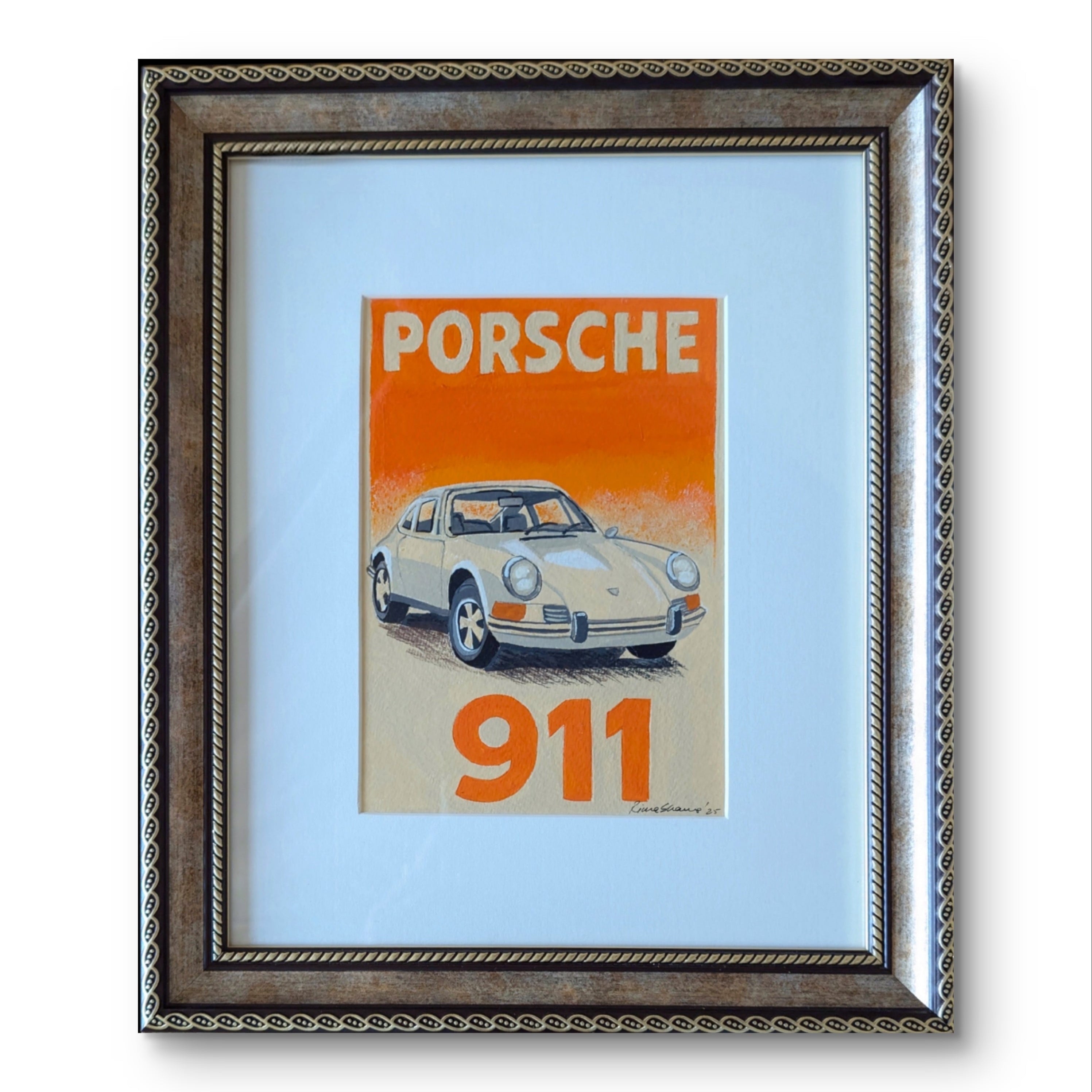 Framed painting of a Porsche 911 car with an orange background
