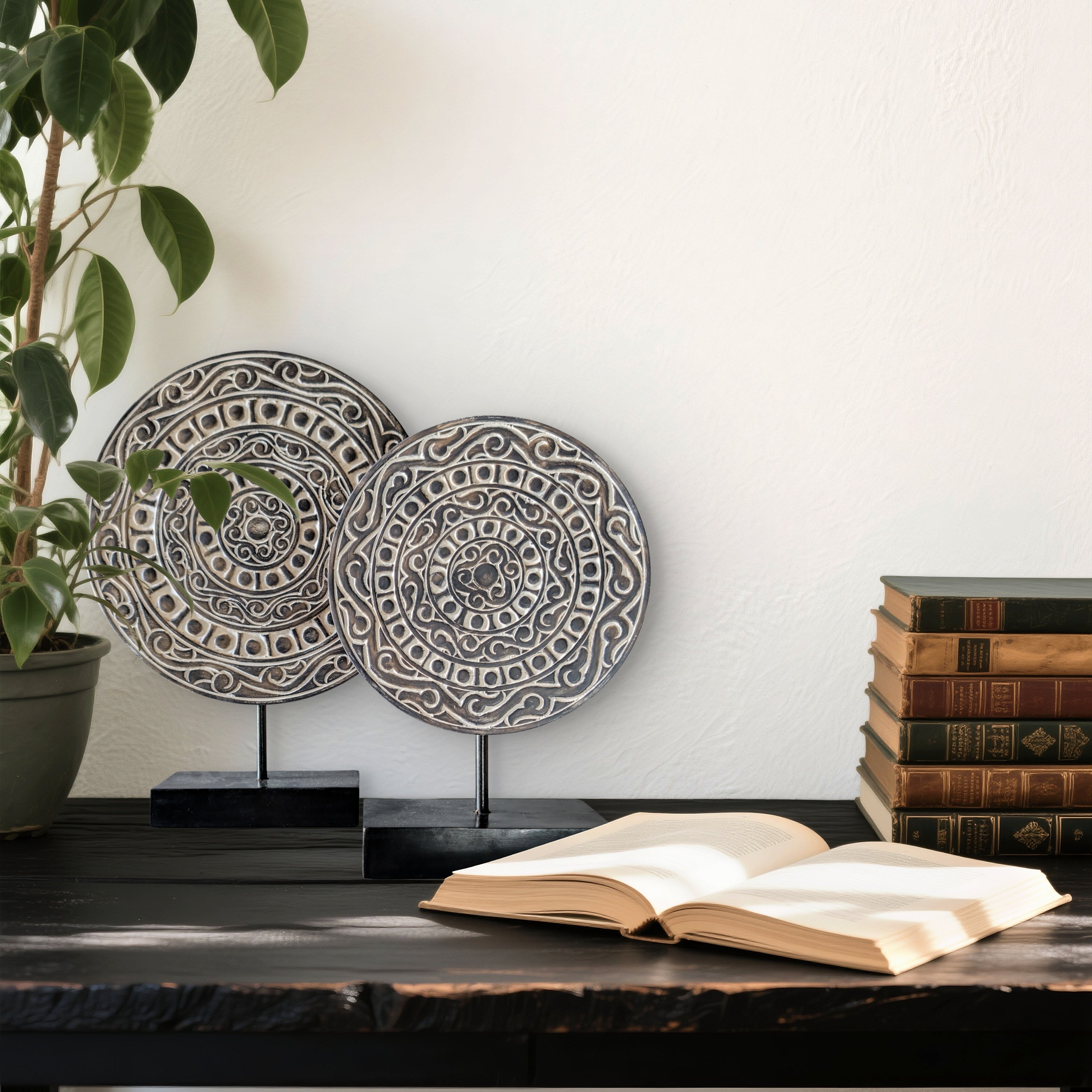 Decorative circular objects on stands