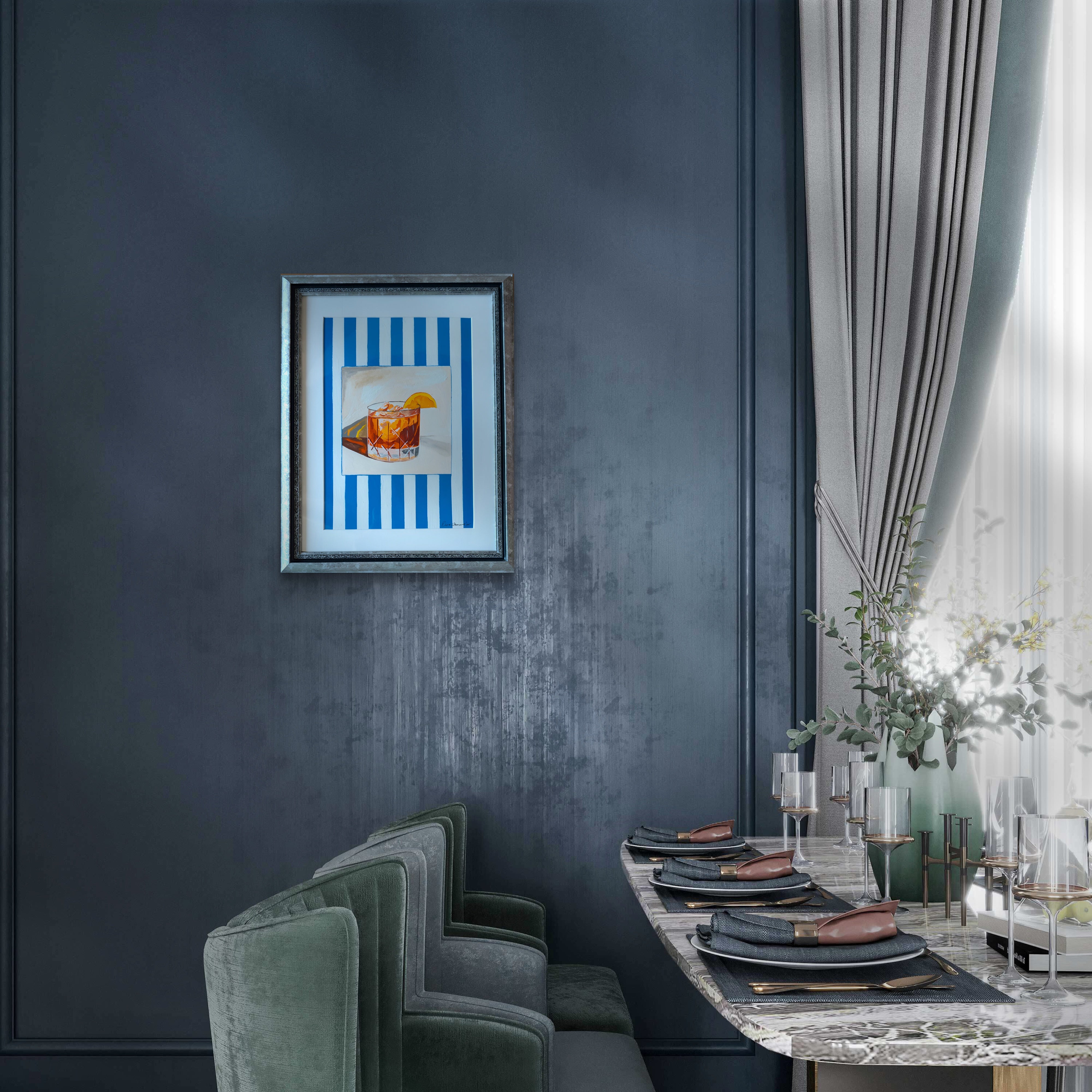 Negroni On Stripes (Framed Gouache Painting)