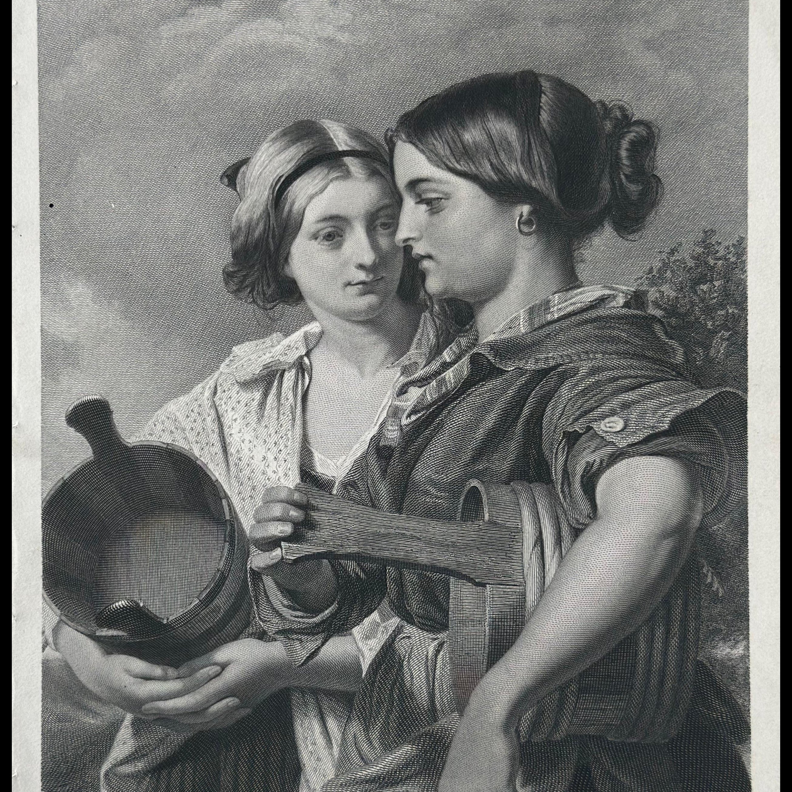 Engraving of two women, one holding a cooking pot, from 'Scottish Lassies' by John Henry Frederick Schiott.
