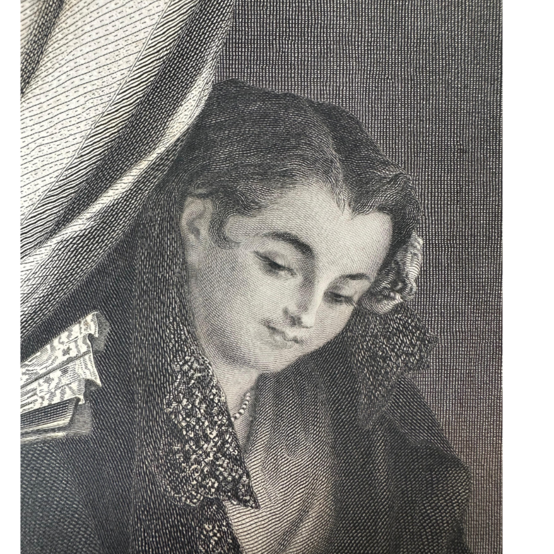 Black and white portrait of a woman with decorative hairpiece and clothing.