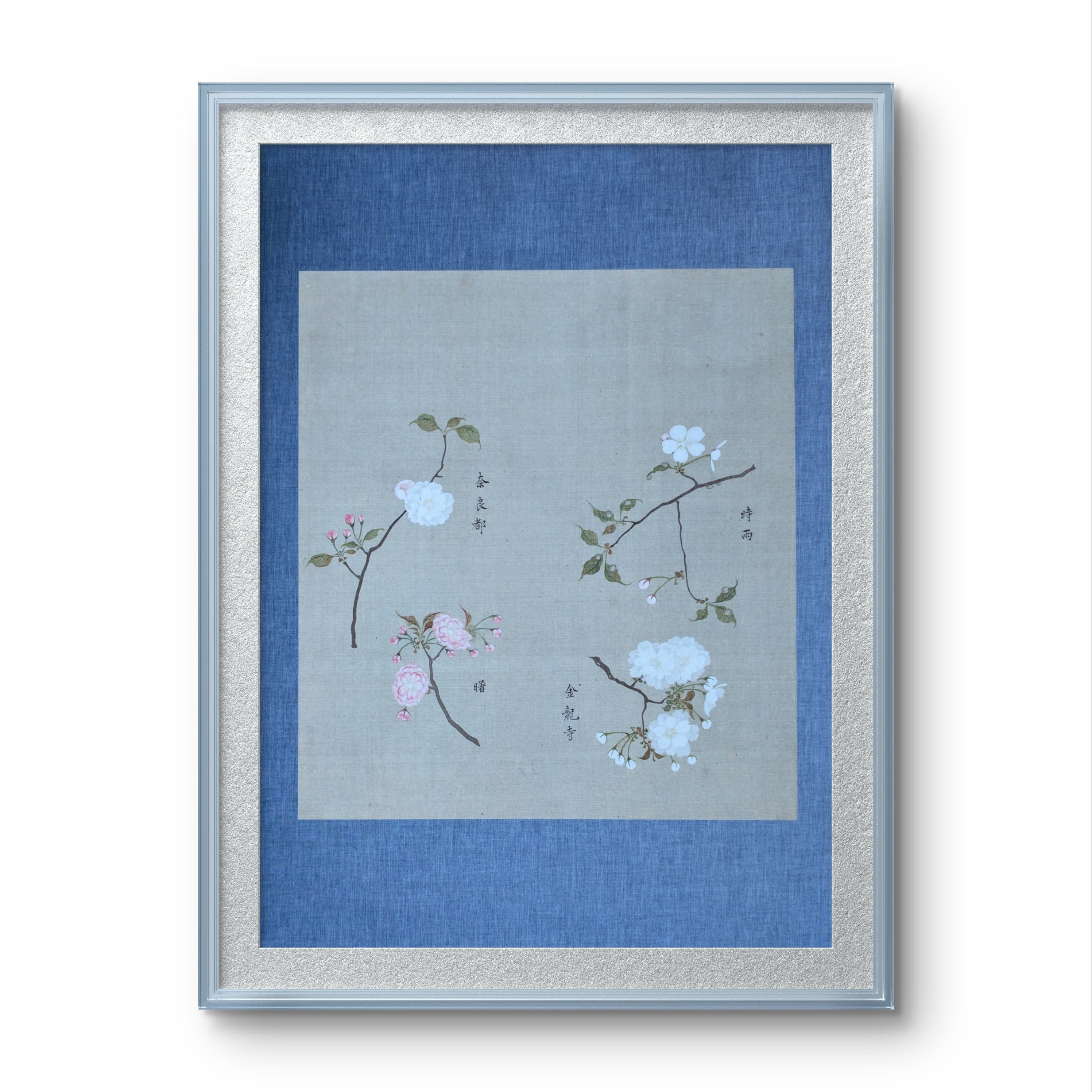 Framed artwork with floral design on a blue background