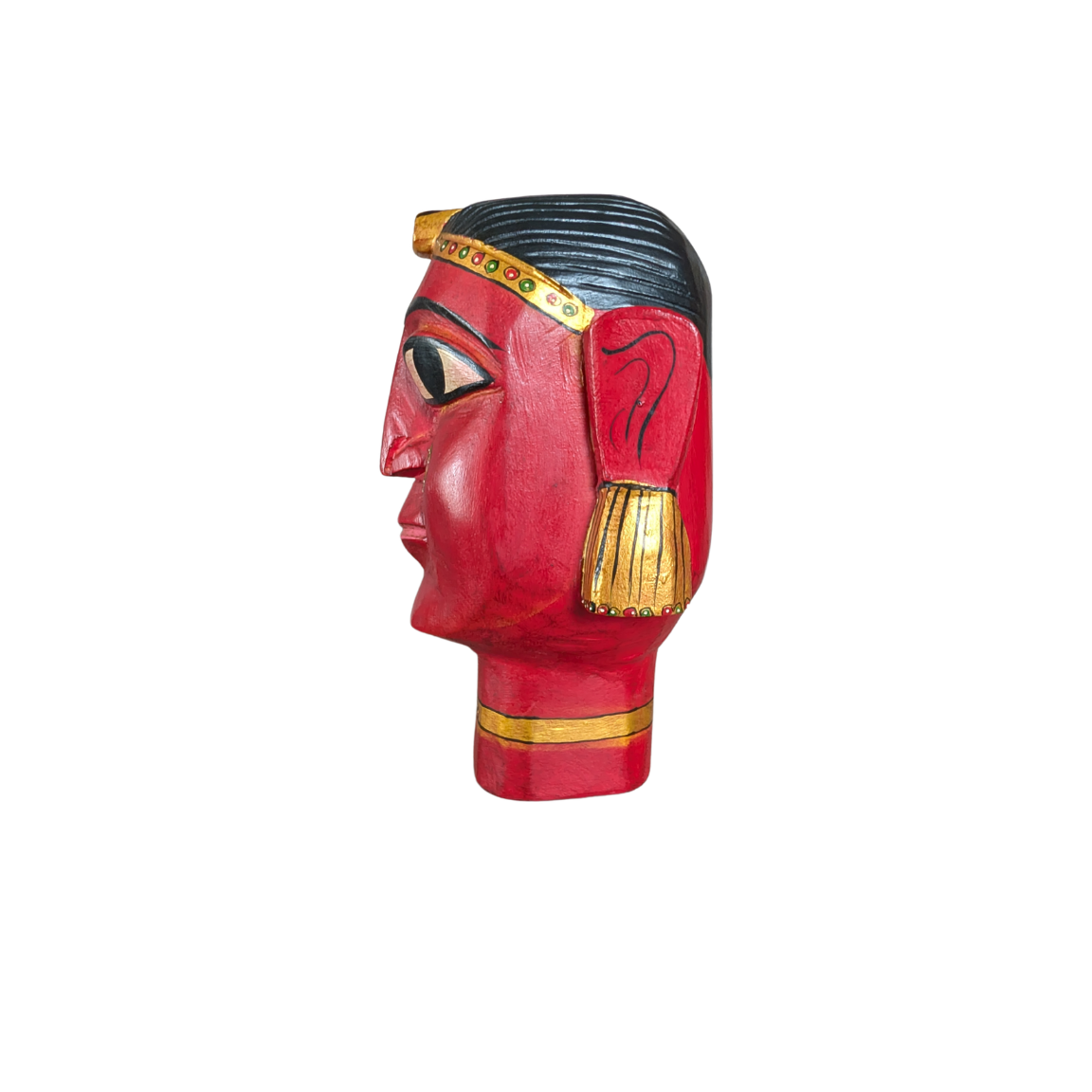 Red mask with black hair and gold accents on a white background