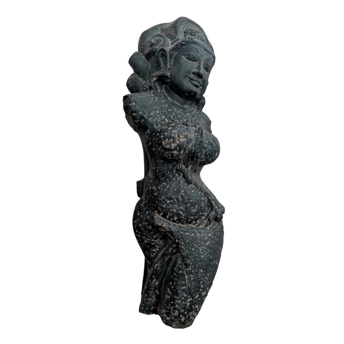 Black stone sculpture of a figure on a white background