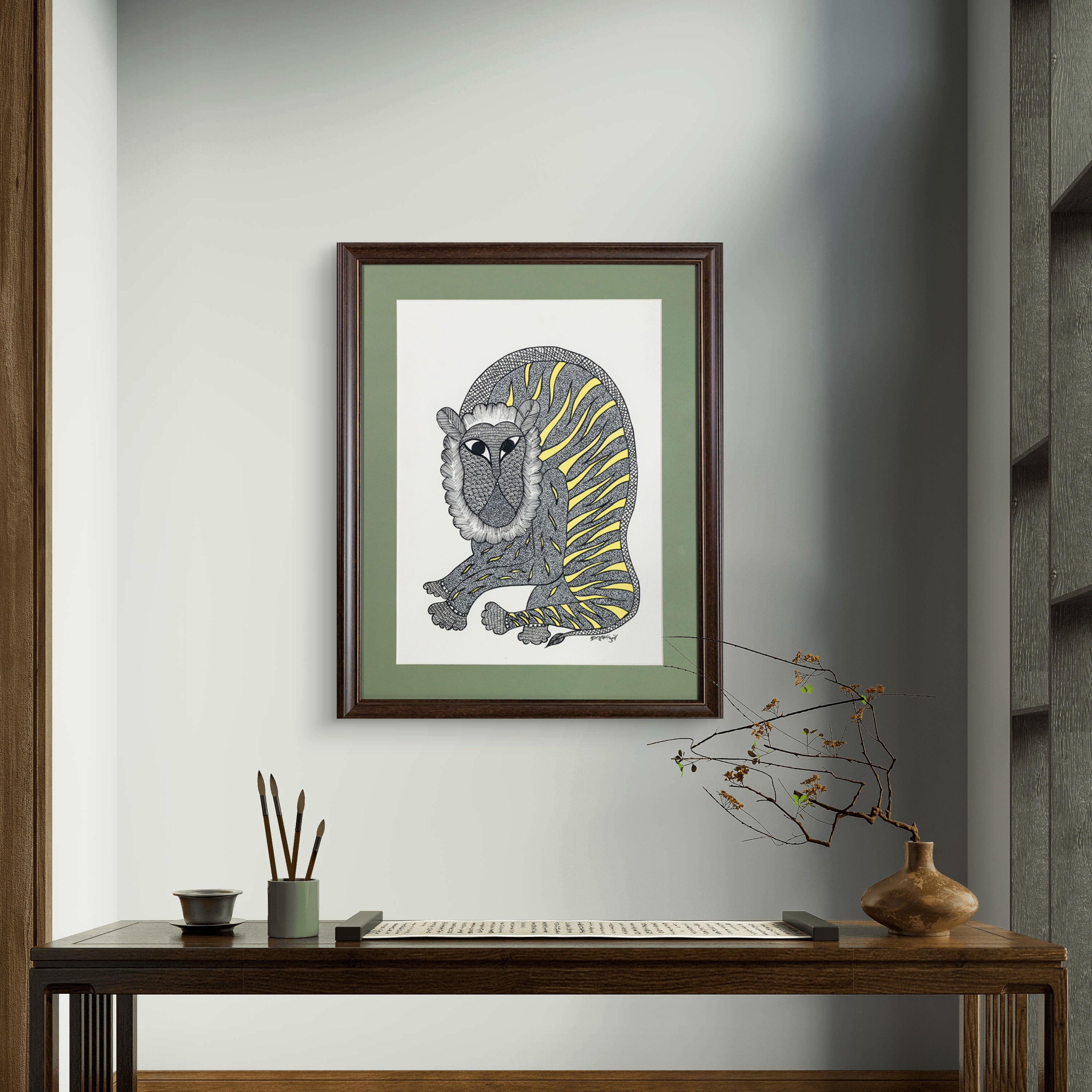 The Watchful One (Framed Gond Painting)
