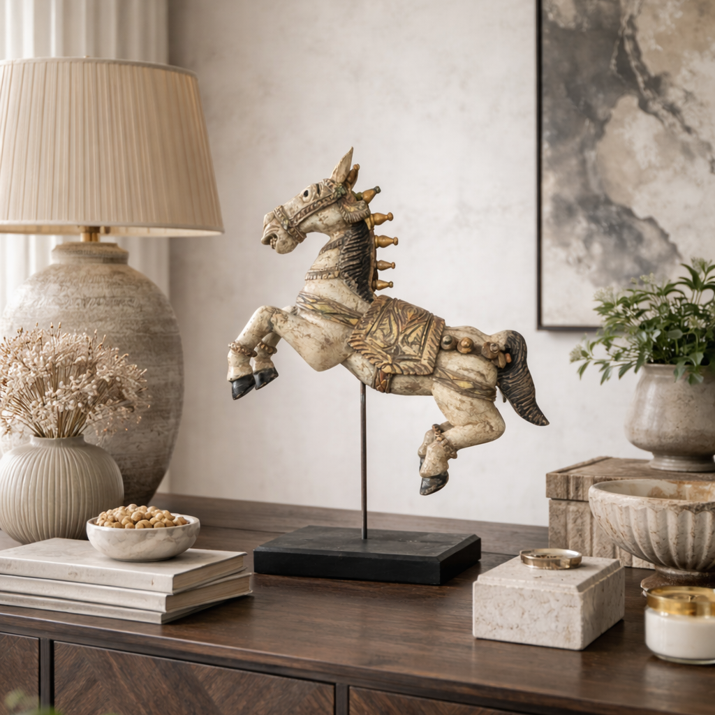 Decorative horse sculpture on a wooden table with a lamp and books in a room setting.