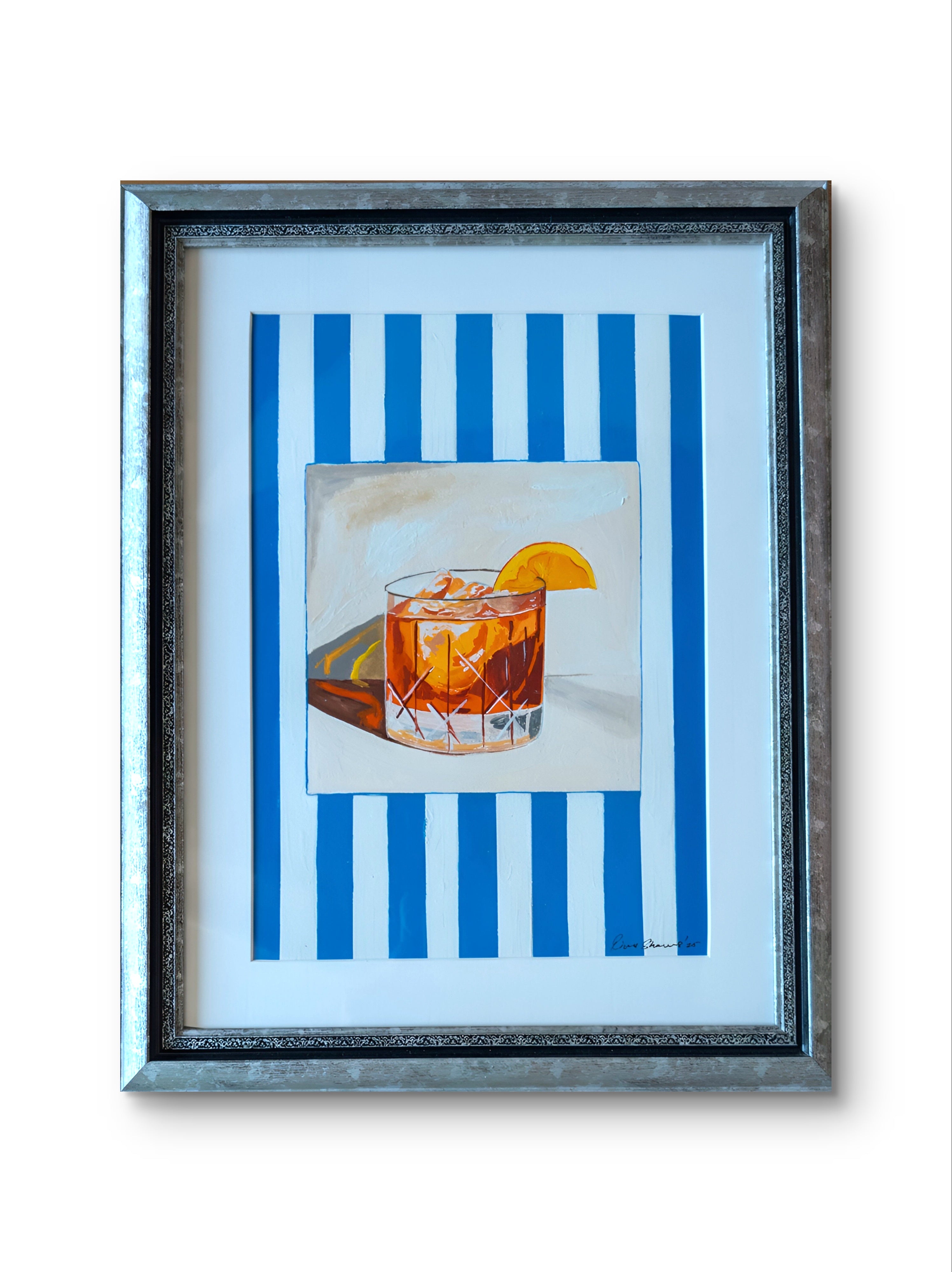 Negroni On Stripes (Framed Gouache Painting)